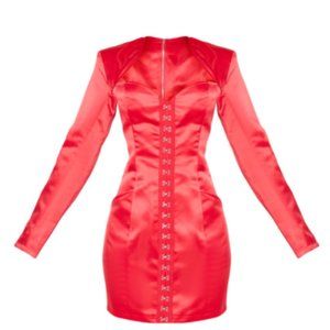 Red Satin Hook & Eye Pocket Detail Bodycon Dress